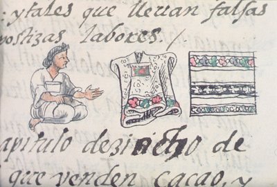 Ms Palat. 218-220 Livre IX Un marchand aztèque vendant des manteaux, extrait du Codex florentin de Bernardino de Sahagún, vers 1540-85 - Spanish School