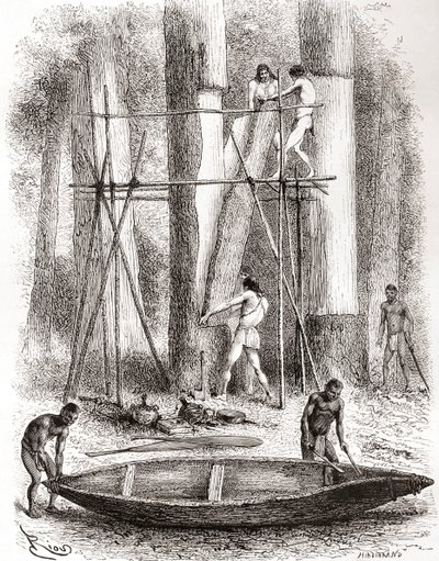 Indiens natifs construisant un canoë sur les rives de la rivière Oyapock ou Oiapoque, Amérique du Sud (gravure) - Spanish School