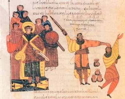 Nabuchodonosor ordonne de tuer les fils du rebelle Sédécias, fol.289v., de la Bible wisigothique-mozarabe de Saint Isidore, 960 après J.-C. - Spanish School