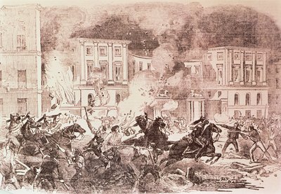 Soulèvements populistes à Madrid, les émeutiers tentent de mettre le feu au palais de la reine Maria Christina en 1854 - Spanish School