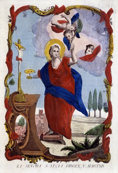 Portrait de Sainte Lucie (yeux sur un plat et palme de martyre) - gravure espagnole - Spanish School