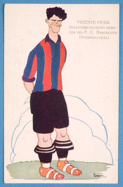 Carte postale représentant une caricature du footballeur espagnol Vicente Piera de Barcelone - Spanish School
