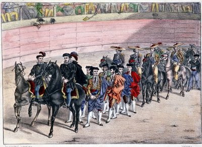 Sortie de la quadrille, corrida en Espagne, lithographie sd. 19e siècle - Spanish School