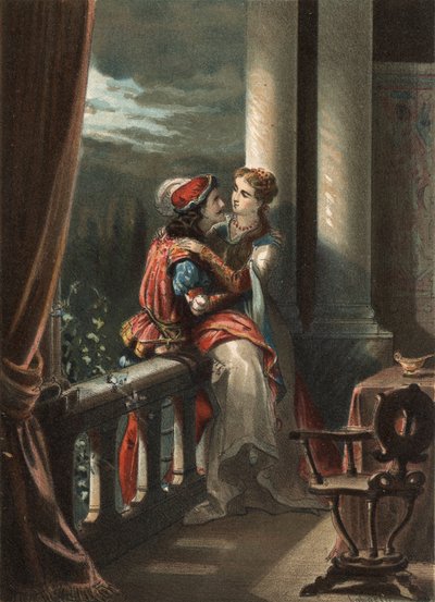 Roméo et Juliette, un conte de Masuccio Salernitano (Masuccio de Salerno), à la fin du 15ème siècle. dans « El Culto de la Hermosura » par Juan Justo Huguet, Molinas Hermanos éditeurs - Spanish School