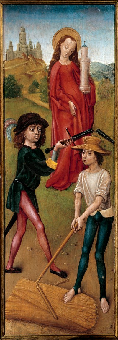 Sainte Barbe et deux paysans fauchant le blé - Spanish School