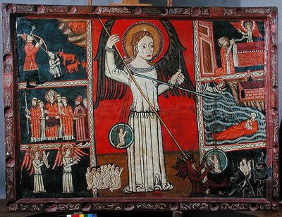 Saint Michel terrassant le diable représenté comme un dragon et pesant les âmes dans une paire de balances - Spanish School