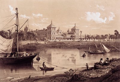 Séville, Palais de San Telmo sur la rive du fleuve Guadalquivir. Andalousie, Espagne (19ème siècle). Madrid, Bibliothèque nationale. - Spanish School