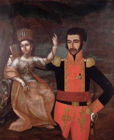 Simon Bolivar et une femme amérindienne - Spanish School
