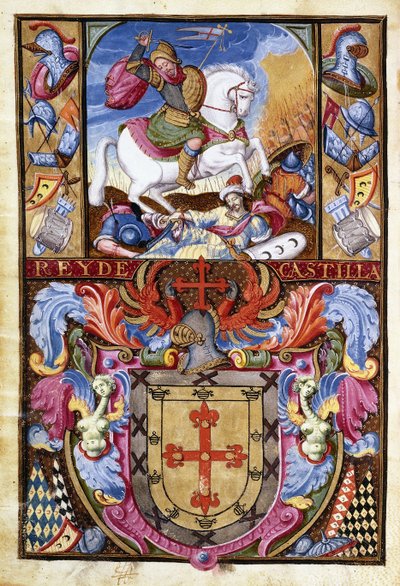 Saint Jacques sur un cheval blanc chevauchant sur les cadavres des Maures et les armoiries de la famille Gomez, 1606 - Spanish School