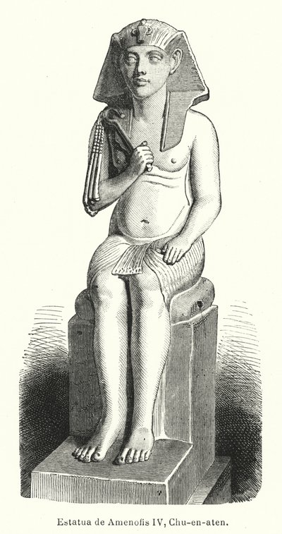 Statue du pharaon égyptien ancien Amenhotep IV (Akhenaton) (lithographie) - Spanish School