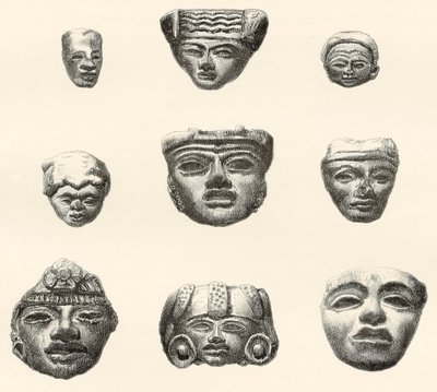 Têtes et masques en pierre trouvés à Teotihuacan, Mexique par Désiré Charnay lors de son expédition en 1880-1883 - Spanish School