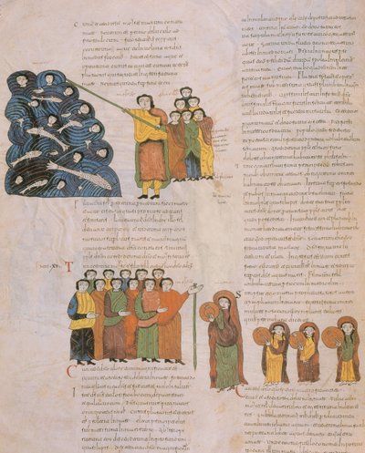 La Traversée de la Mer Rouge et la Danse des femmes hébraïques au son des tambourins de Moïse et de ses accompagnateurs, de la Bible wisigothique-mozarabe de Saint Isidore, fol.39., A.D. 960 - Spanish School