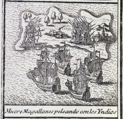 La mort de Magellan dans une bataille avec les Indiens - Spanish School