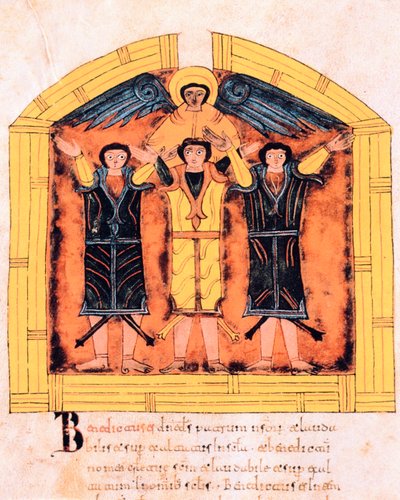 Les trois Hébreux, Shadrach, Meshach et Abed-Nego jetés dans la fournaise par Nabuchodonosor, fol.318v, de la Bible wisigothique-mozarabe de Saint-Isidore, A.D. 960 - Spanish School