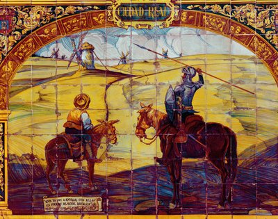 Carreaux représentant Don Quichotte et Sancho Panza se préparant à attaquer les moulins à vent - Spanish School