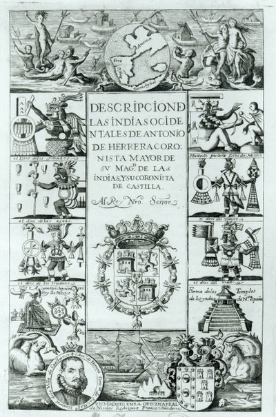 Page de titre de Descripcion de las Indias Ocidentales par Antonio de Herrera y Tordesillas, édition de Madrid, 1725 - Spanish School