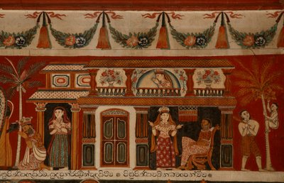 Peinture murale représentant une maison singhalaise dans le temple Subdharama, Dehiwala - Sri Lankan School