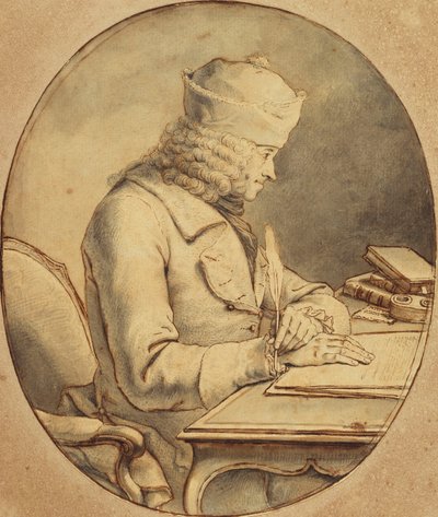 Voltaire assis à un bureau portant une casquette, de profil à gauche, vers 1765 - Stanislas Jean