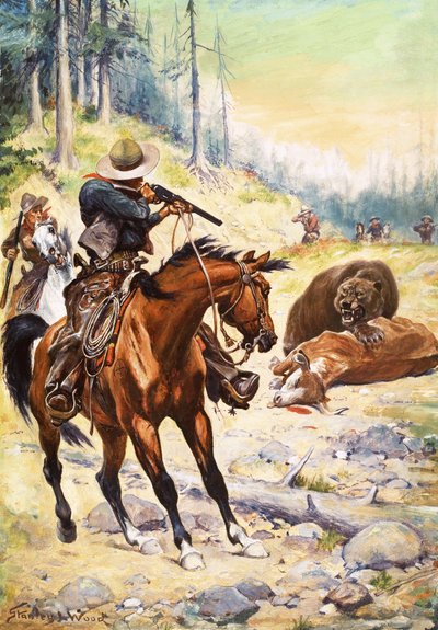 Cowboys américains entourant un ours accroupi sur le corps d