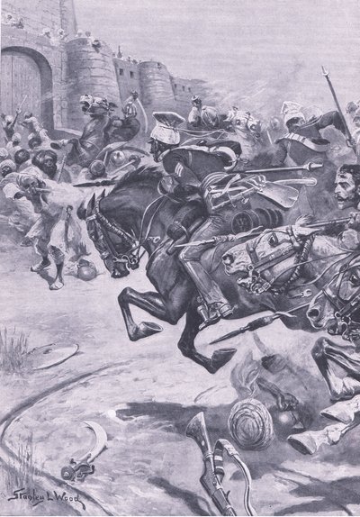 Les 16e lanciers et les cavaliers de Skinner repoussant les Jats à Bharatpur, décembre 1825 (illustration de British Battles on Land and Sea) - Stanley L. Wood