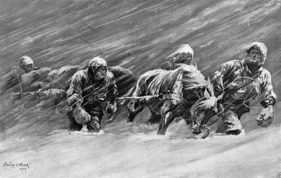 La randonnée pendant la tempête de neige, 1909 - Stanley L Wood