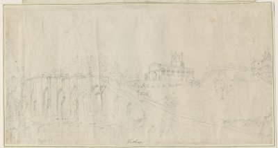 Église et Château de Tutbury - Vue du Nord-Est: dessin au crayon, nd [1762-1802] - Stebbing Shaw