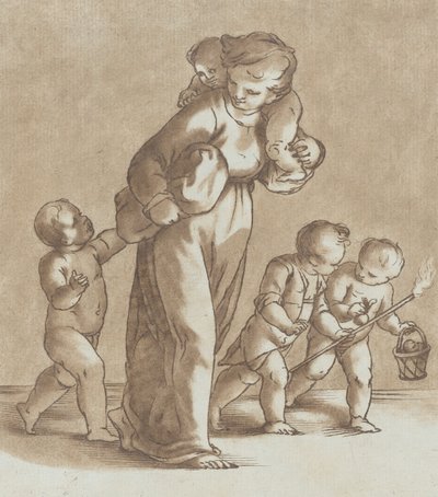 Une jeune fille marche vers la gauche avec un nourrisson sur son épaule et en tenant un autre, vers 1780 - Stefano Mulinari