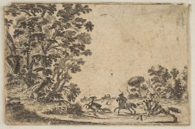 Planche 4 : une chasse au cerf, deux cavaliers galopant vers la droite derrière trois chiens, après 1642 - Stefano della Bella