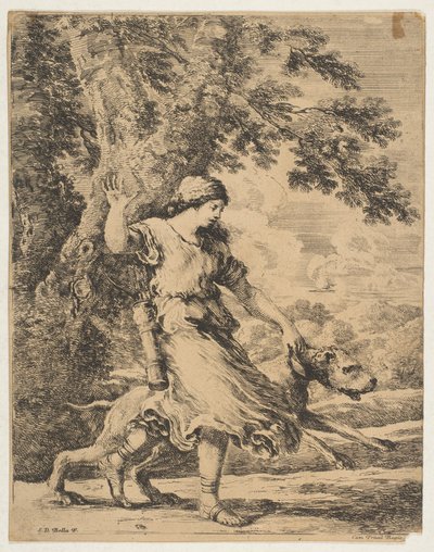 Une nymphe tenant un grand chien par son collier, vers 1654 - Stefano della Bella