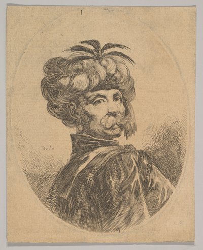 Un homme turc avec une moustache, portant un turban décoré de cinq plumes d