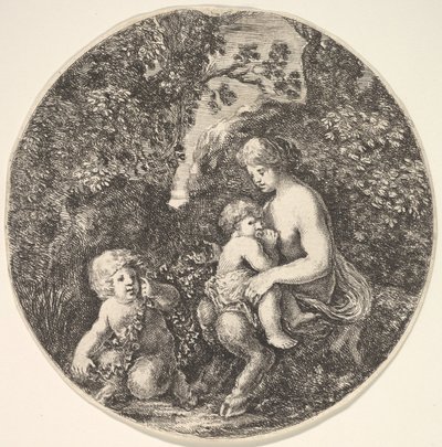 Une satyre allaitant un enfant à droite, tournée vers la gauche, un enfant satyre... - Stefano della Bella