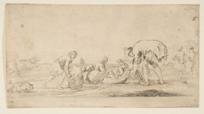 Un pêcheur ramenant ses filets, un homme à gauche poussant une balle à droite, deux assis..., vers 1662 - Stefano della Bella