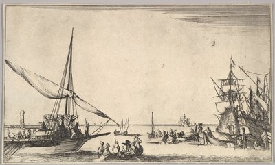 Une galère arrivant au port à gauche, plusieurs canots au centre, des navires au port à droite - Stefano della Bella