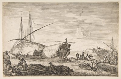 Une galère couverte de voiles à gauche, six canons et quatre personnes au premier plan à gauche, 1655 - Stefano della Bella