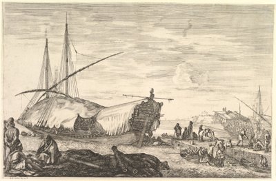 Une galère couverte de voiles à gauche, six canons et quatre personnes au premier plan - Stefano della Bella