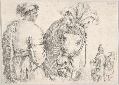Un homme à gauche de profil donnant une poignée de foin à un cheval au centre, un cavalier à t..., vers 1662 - Stefano della Bella