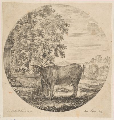 Une paysanne avec une vache à une fontaine décorée des armes des Médicis - Stefano della Bella