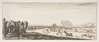 Une procession de carrosses à canon tirés par des chevaux à gauche, cavaliers en combat et un cheval mort, vers 1641 - Stefano della Bella