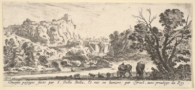 Une cascade descendant des montagnes en arrière-plan, divers animaux..., vers 1641 - Stefano della Bella