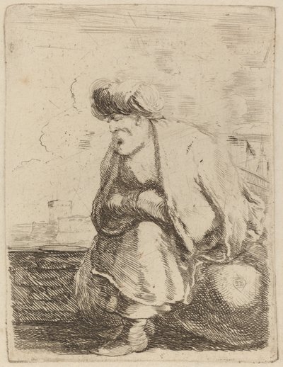 Un vieux Turc avec turban assis sur un rocher - Stefano della Bella