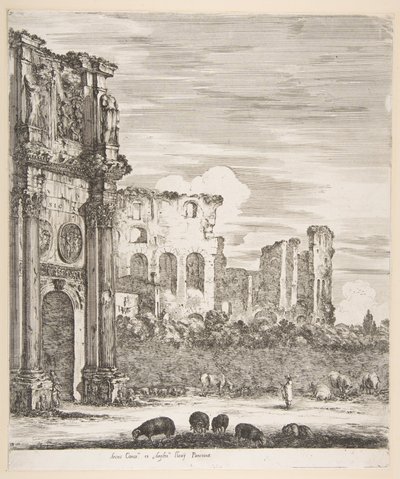 Arc de Constantin et Colisée avec moutons paissant au premier plan, de Six grandes vues..., 1656 - Stefano della Bella
