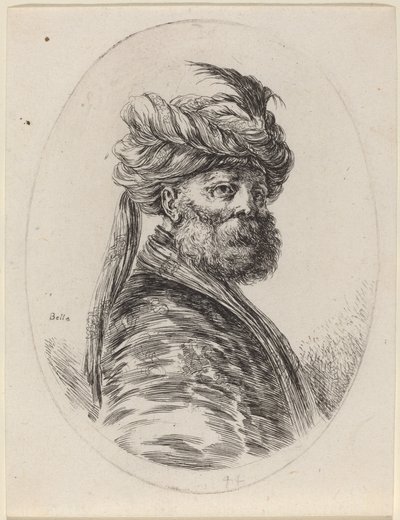 Maure barbu en turban à plumes avec un voile, tourné vers la droite, 1649-1650 - Stefano della Bella