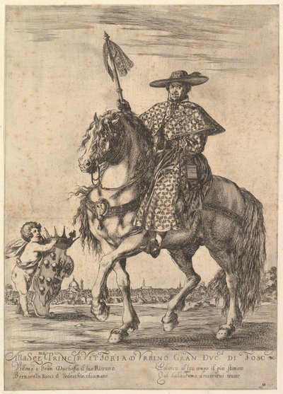 Bernardino Ricci, dit il Tedeschino, à cheval au centre, chevauchant vers la gauche - Stefano della Bella