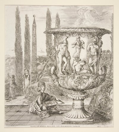Garçon dessinant le vase Médicis dans un jardin italien - Stefano della Bella