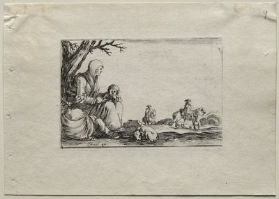 Caprices : Femme mendiant assise avec deux enfants - Stefano della Bella