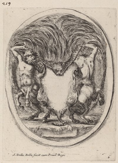 Cartouche en forme de tigre écorché soutenu par des centaures, 1647 - Stefano della Bella