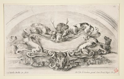 Cartouche avec chiens, cerf et tête de sanglier - Stefano della Bella