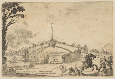 Combat sur un pont, un cavalier et deux fantassins se battent avec des épées en bas à droite, vers 1645 - Stefano della Bella