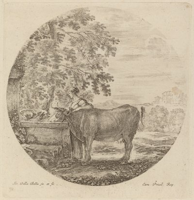Vache et jeune berger à une fontaine - Stefano della Bella