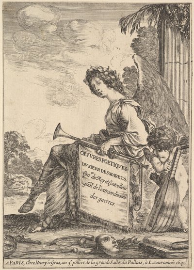 Frontispice pour Poèmes de Desmarets Oeuvres poétiques de Desmarets : une femme ailée rep..., 1641 - Stefano della Bella
